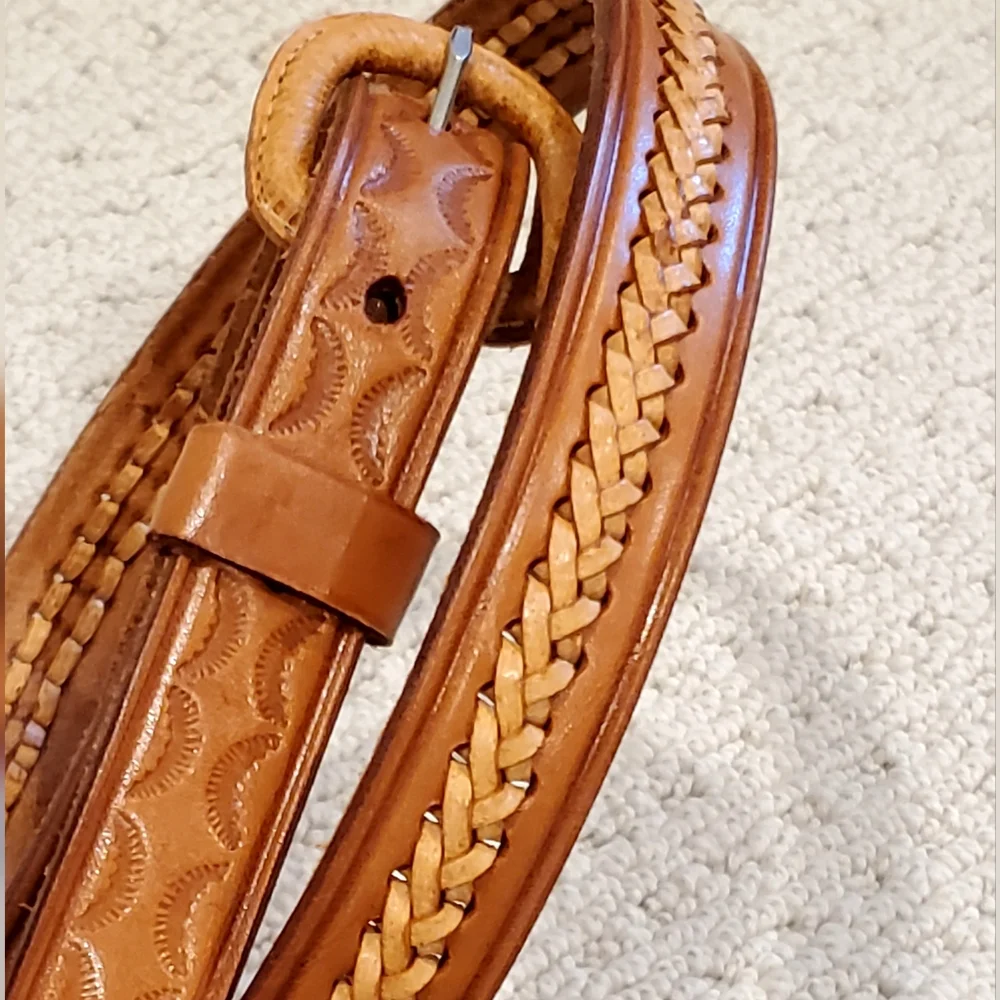 Vintage Aztec Handtooled, Laced Woven Leather Belt, Saddle Br, Med. Never Worn!